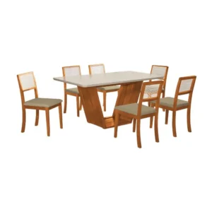 MESA DE MADEIRA 1,80X0,90M COM 6 CADEIRAS DE TELA SEXTAVADA (REF.:10488 E 10489)
